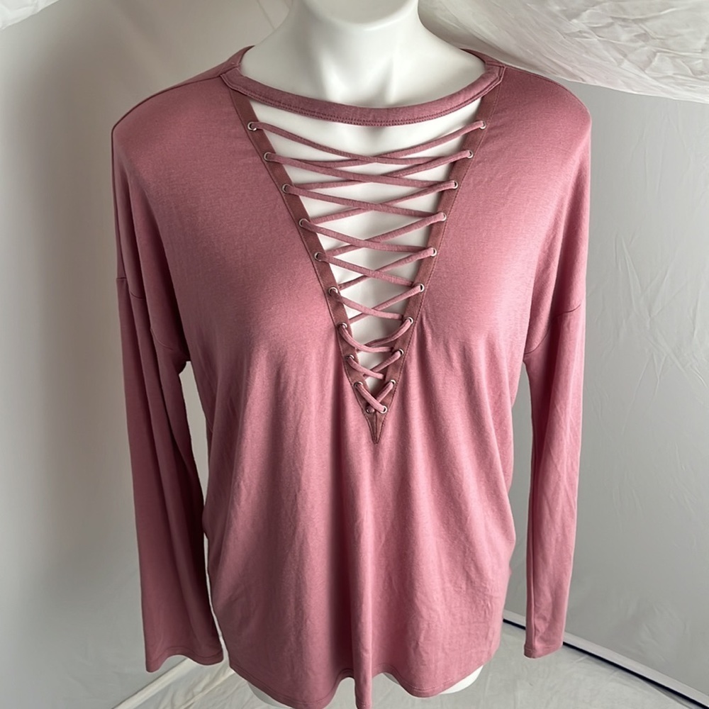 Express lace up front long sleeve v-neck rose super soft shirt
